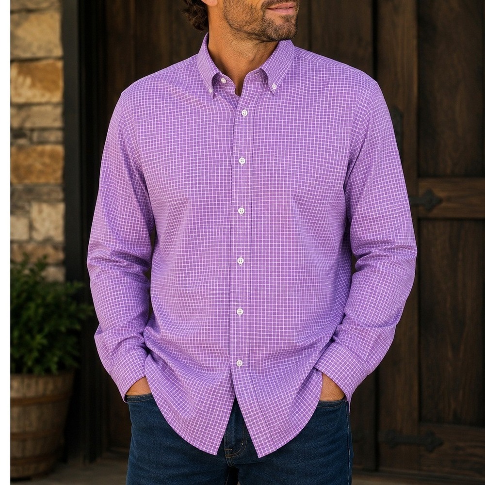 Lauren Ralph Lauren Mens Purple Graph Check Stretch Button Down Shirt 18 36/37